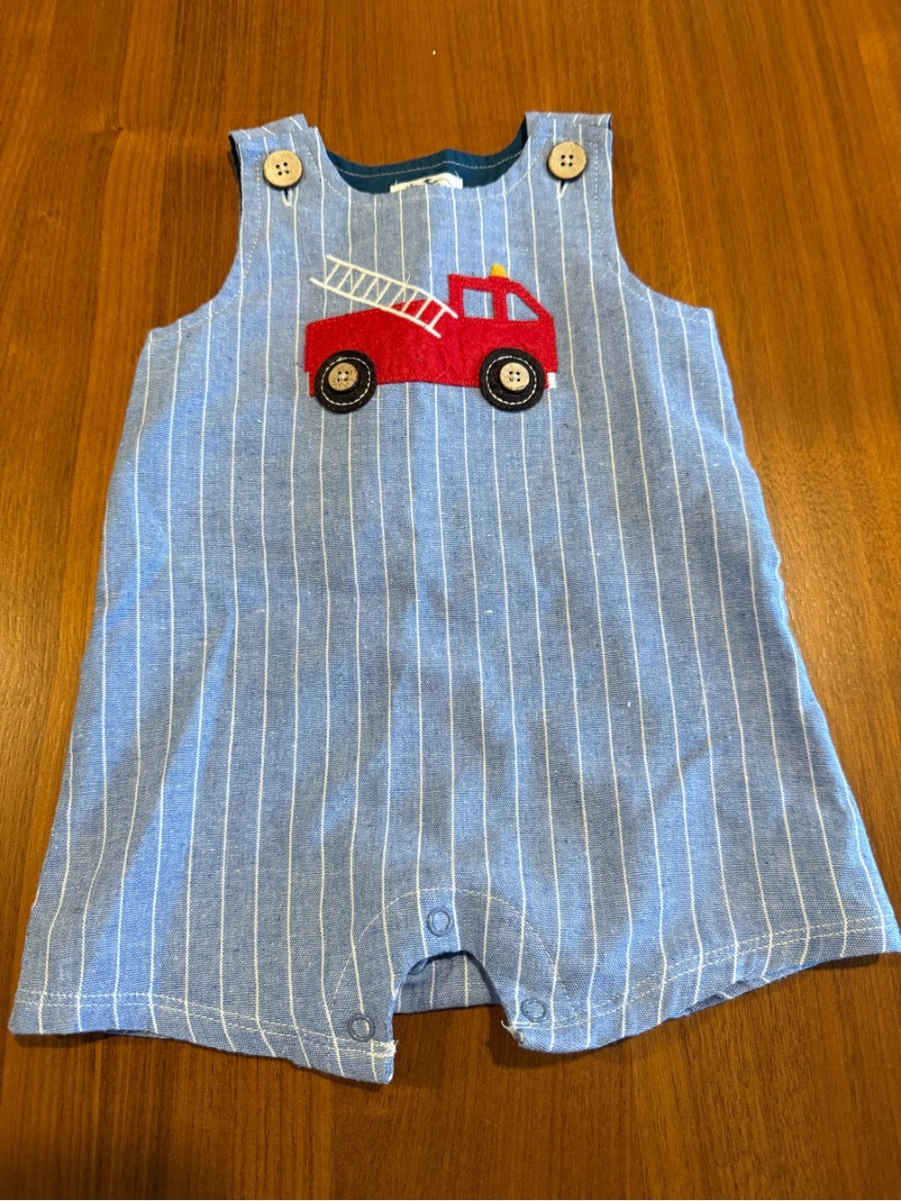 Mud Pie Blue Striped Baby Romper with Red Appliqué Fire Truck Chambray